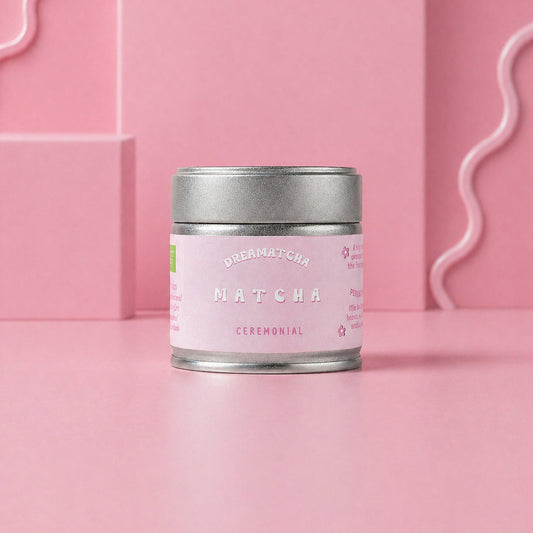 ceremonial matcha with pink label on a pink background
