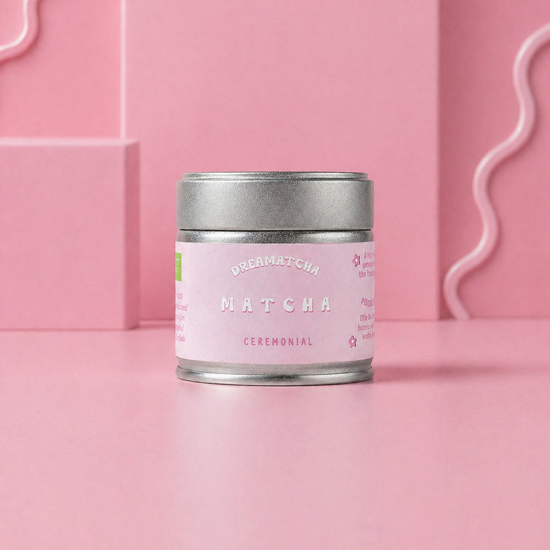 ceremonial matcha with pink label on a pink background
