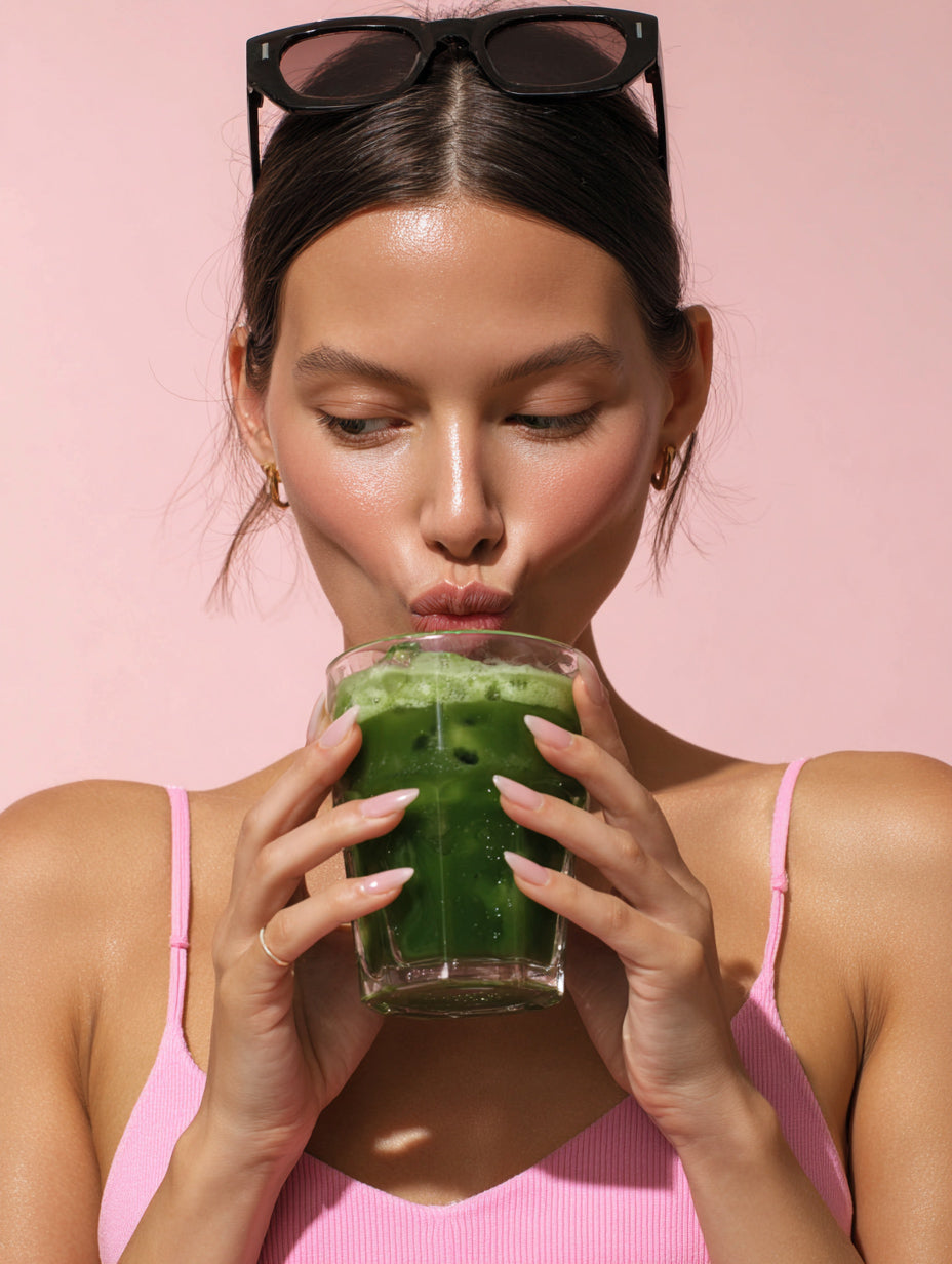 Woman drinking a vibrant deep green matcha against a pink background